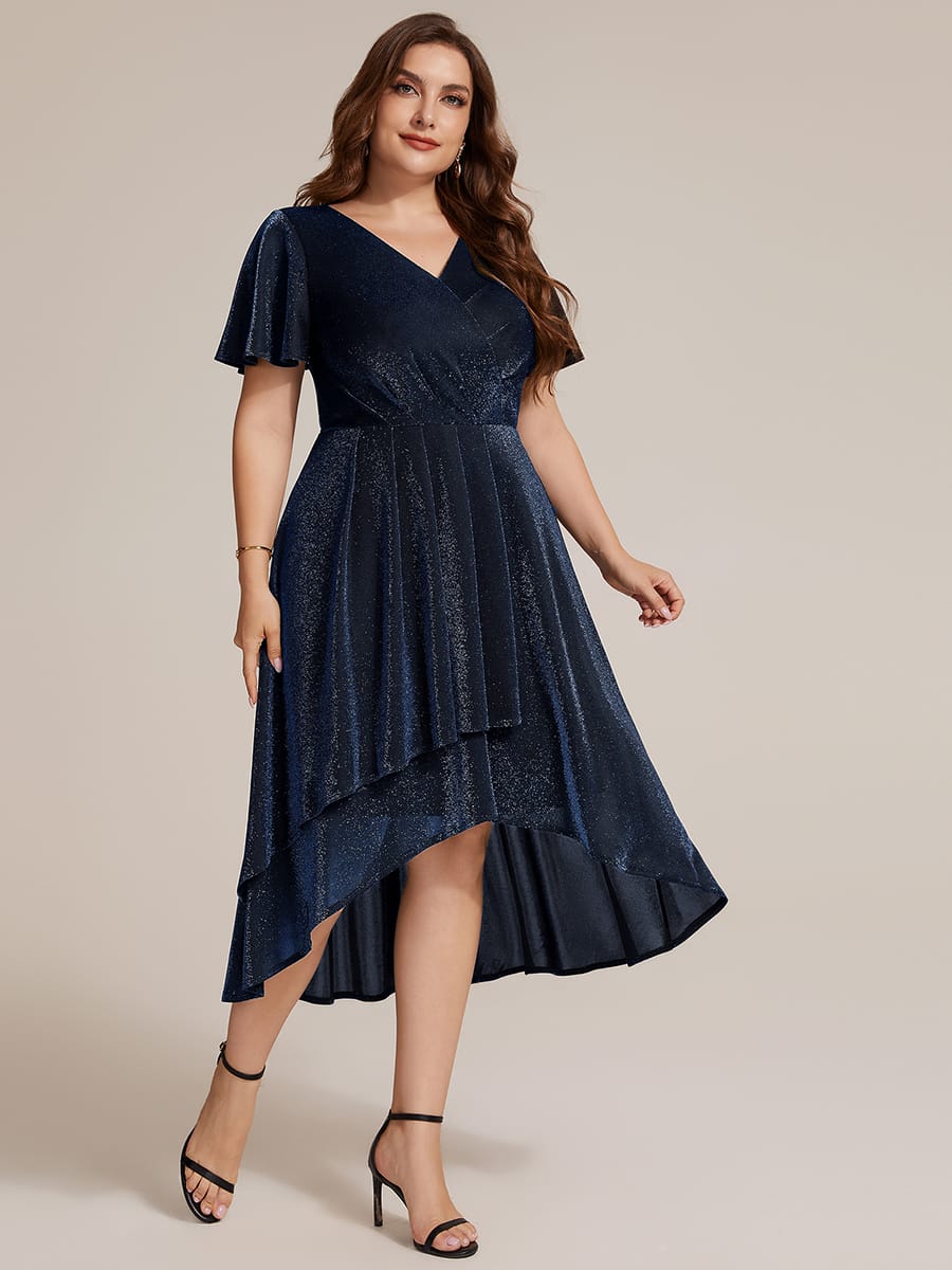 Lurex Mesh Ruffle Sleeve A-line Dress #color_Navy Blue