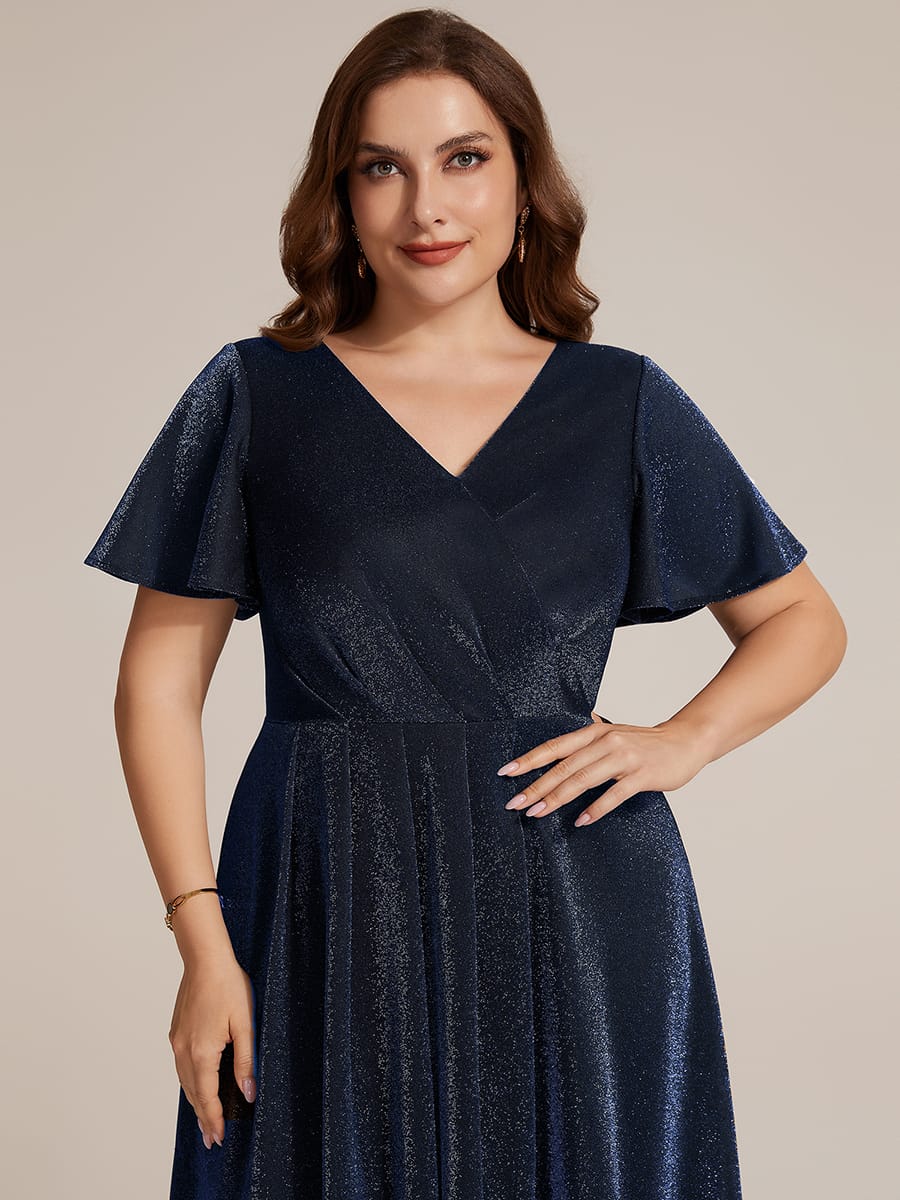 Lurex Mesh Ruffle Sleeve A-line Dress #color_Navy Blue