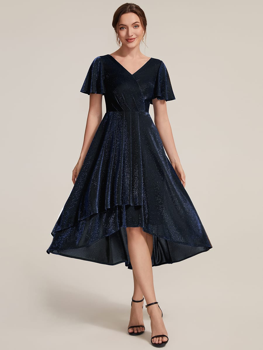 Lurex Mesh Ruffle Sleeve A-line Dress #color_Navy Blue
