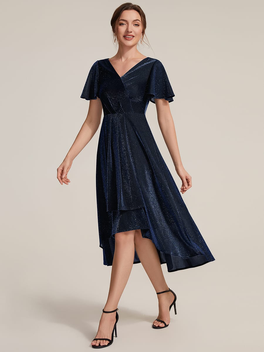 Lurex Mesh Ruffle Sleeve A-line Dress #color_Navy Blue