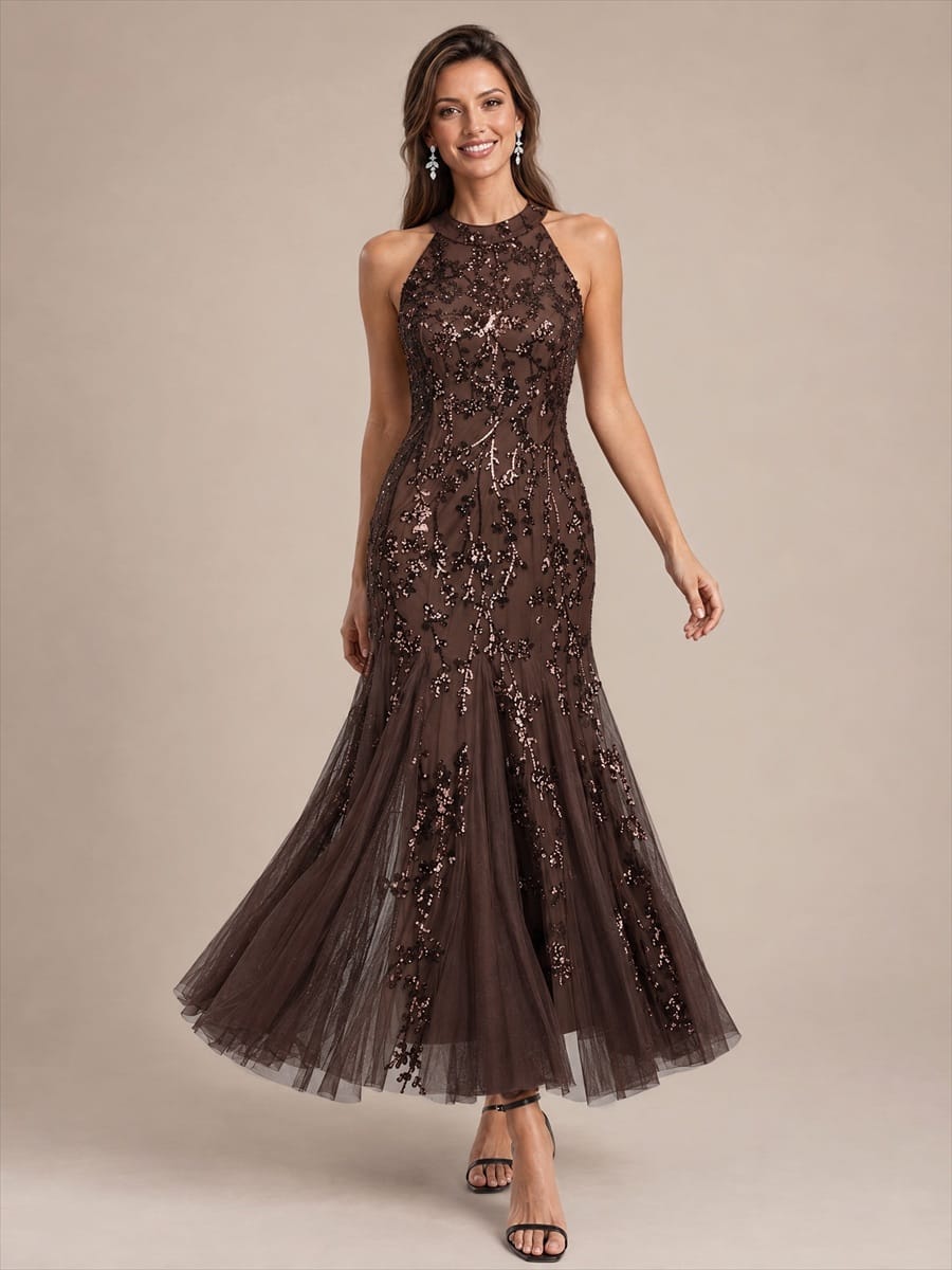 Tiered Tulle Sequin Sleeveless Dress #color_Chocolate Brown