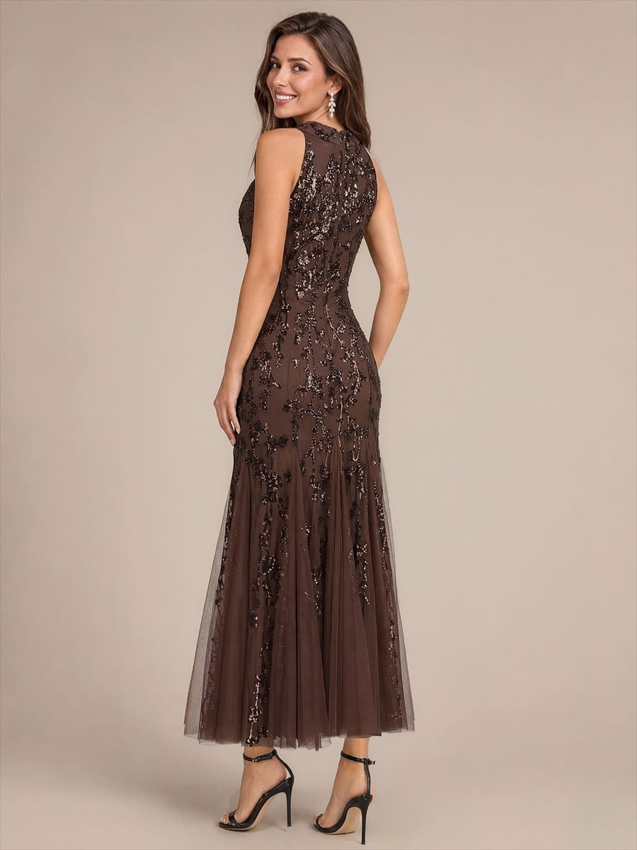 Tiered Tulle Sequin Sleeveless Dress #color_Chocolate Brown