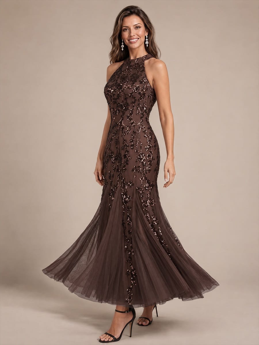 Tiered Tulle Sequin Sleeveless Dress #color_Chocolate Brown