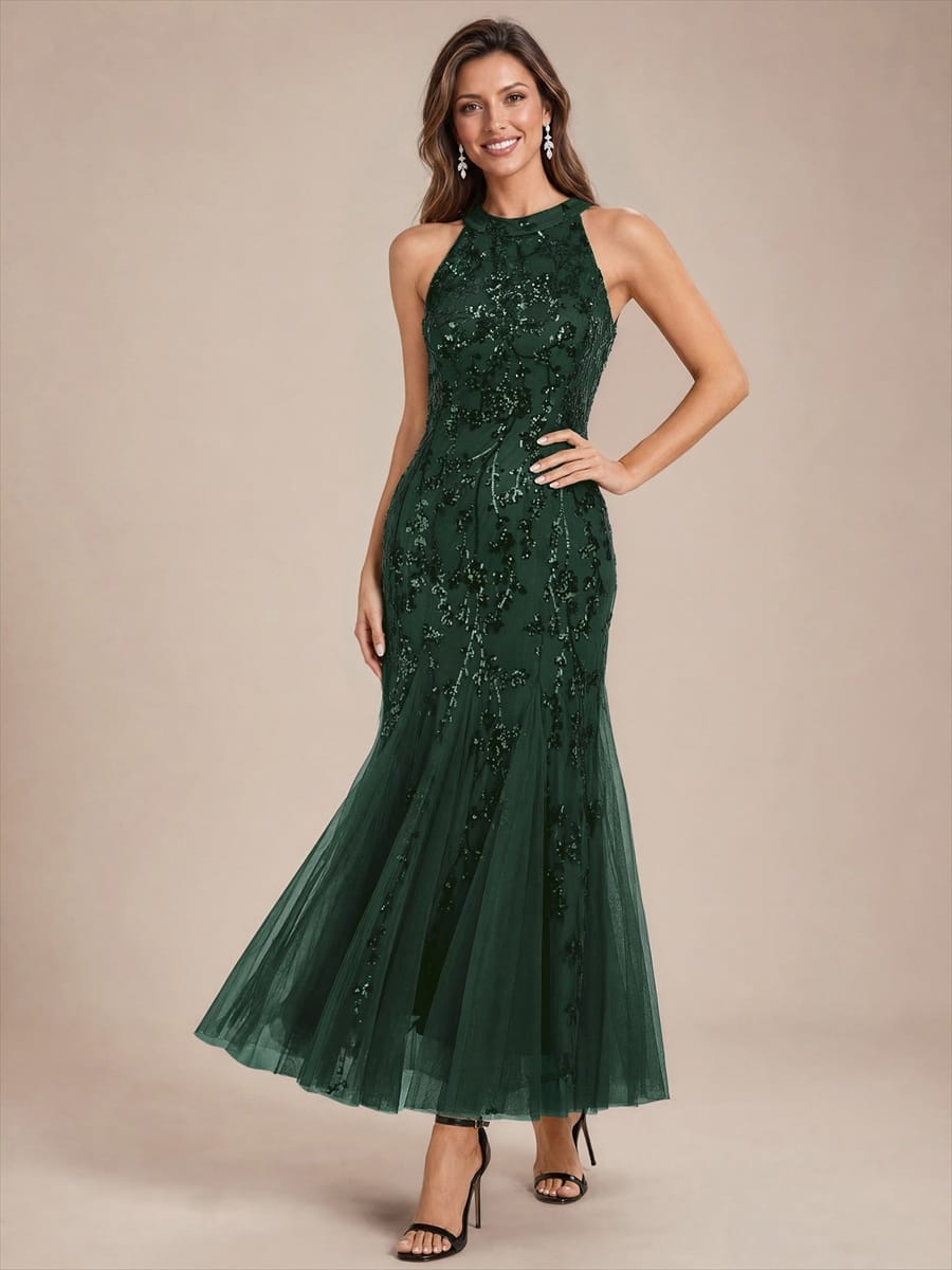 Tiered Tulle Sequin Sleeveless Dress #color_Dark Forest Green