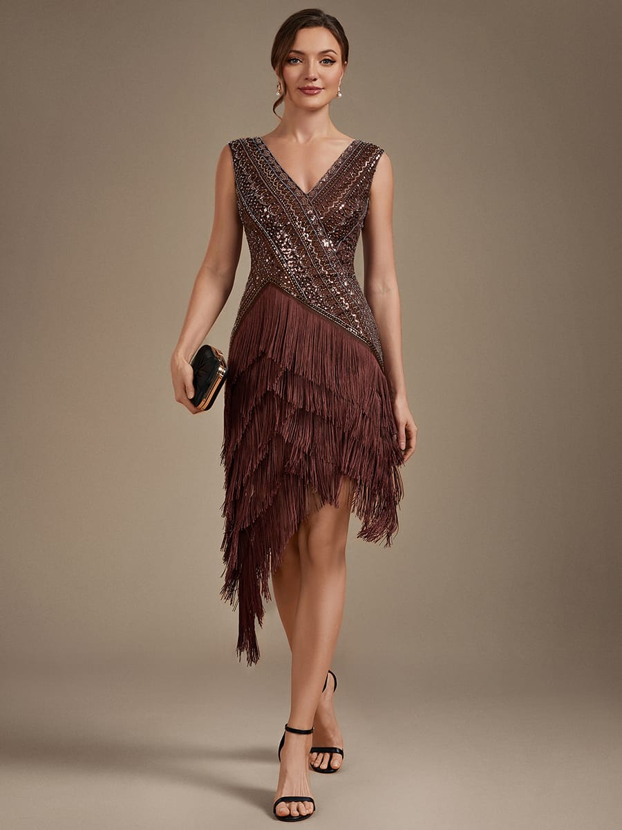 Sequin Tulle Cap Sleeve Dress #color_Brown