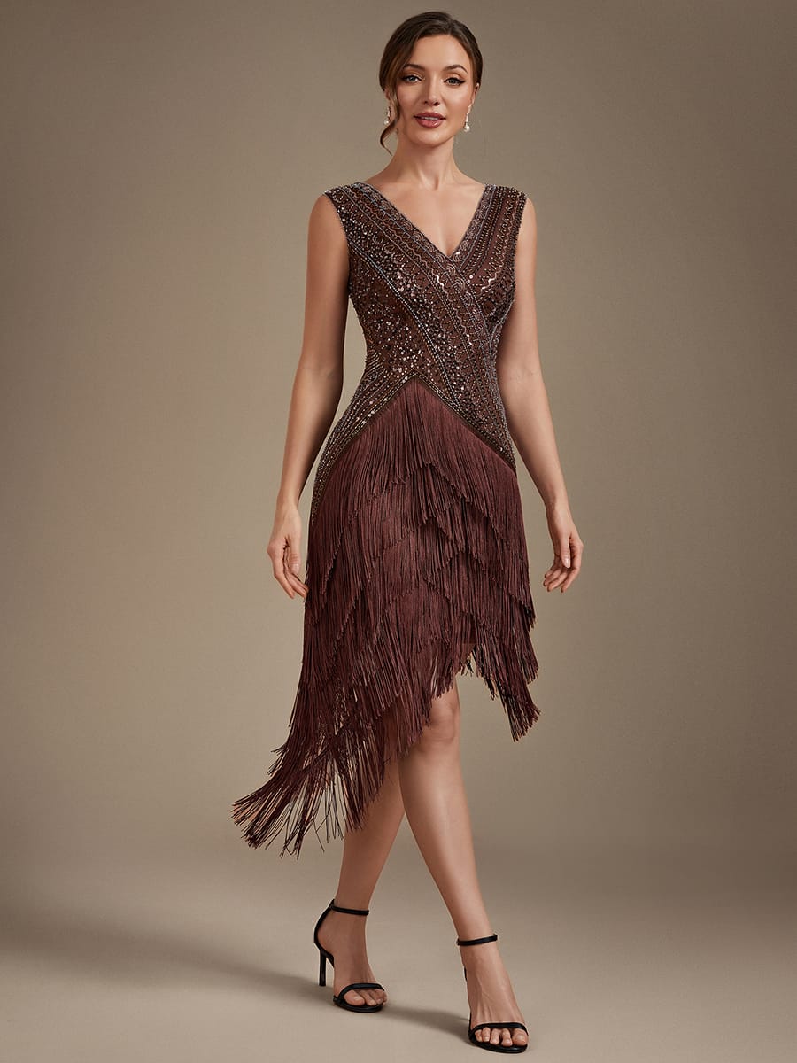 Sequin Tulle Cap Sleeve Dress #color_Brown