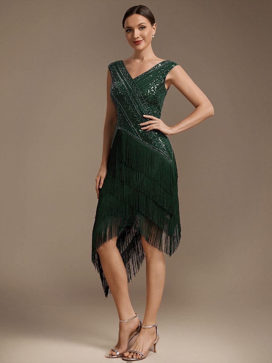 Sequin Tulle Cap Sleeve Dress #color_Dark Green