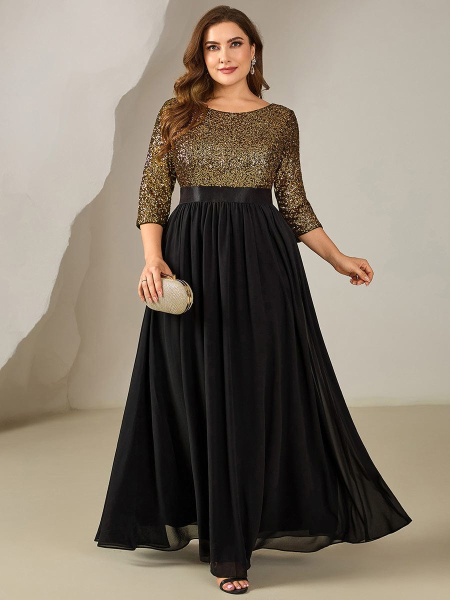 See-through Sequin A-Line Evening Dress #color_Black & Gold