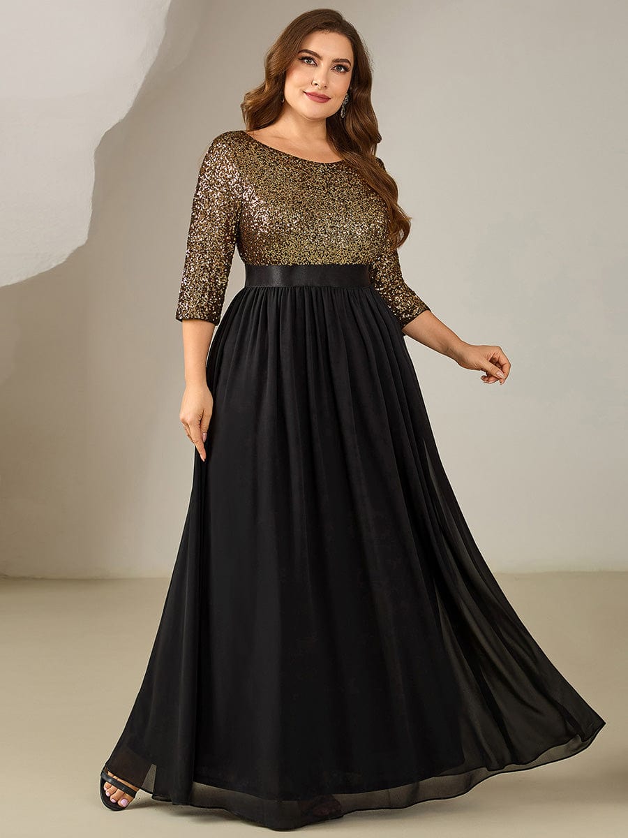 See-through Sequin A-Line Evening Dress #color_Black & Gold