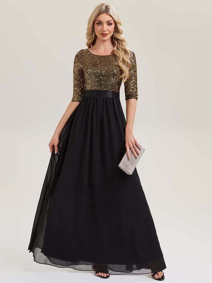 See-through Sequin A-Line Evening Dress #color_Black & Gold