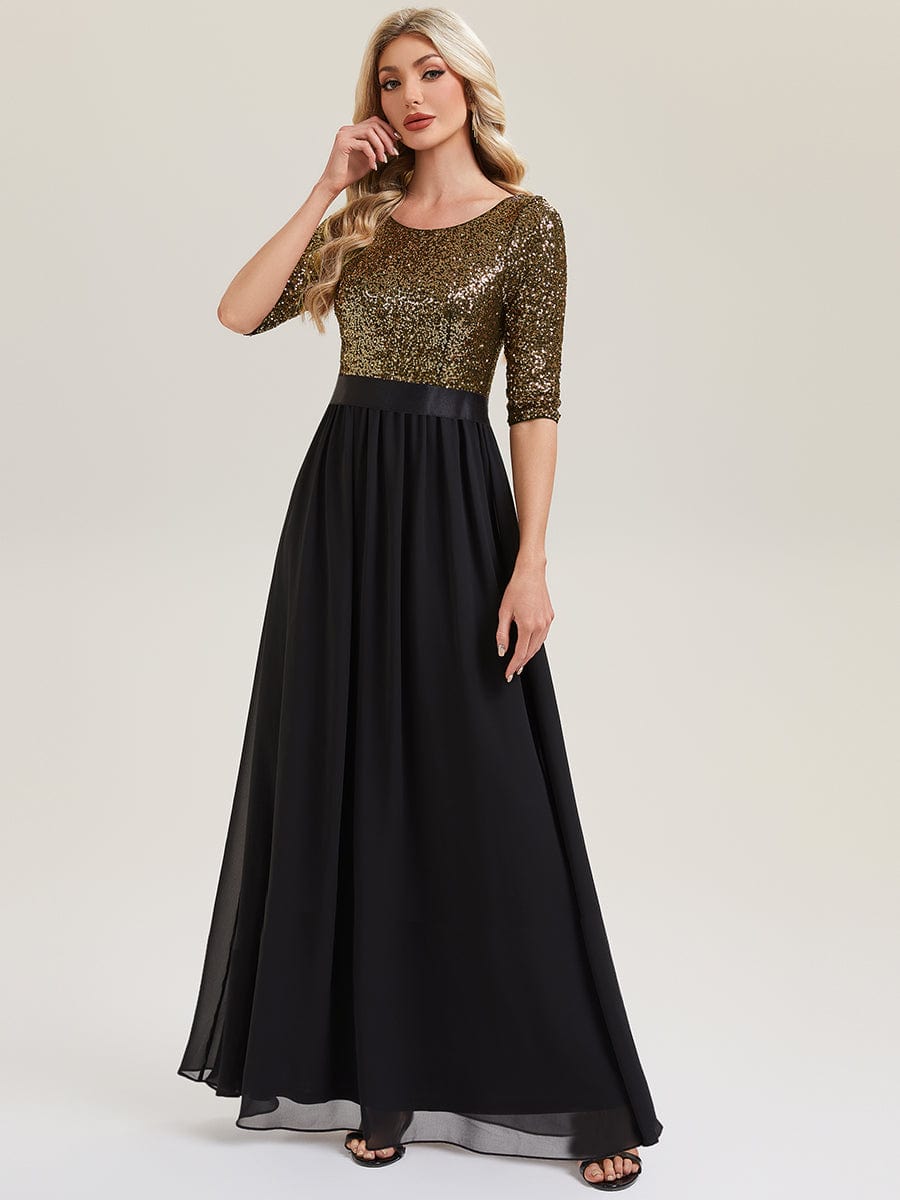 See-through Sequin A-Line Evening Dress #color_Black & Gold