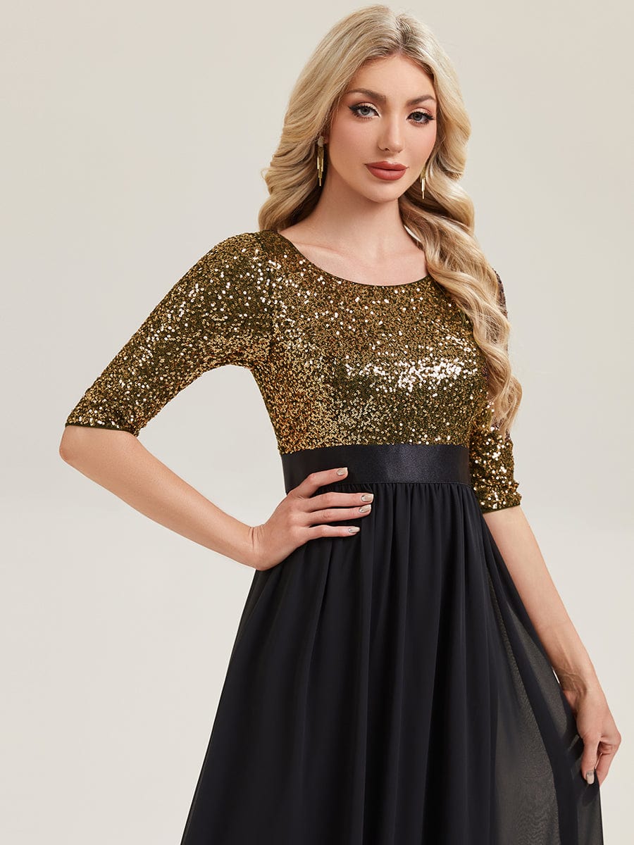 See-through Sequin A-Line Evening Dress #color_Black & Gold