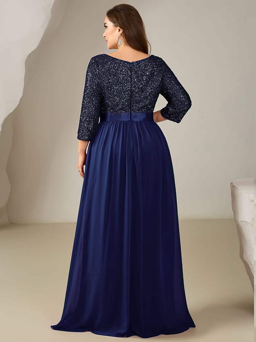 See-through Sequin A-Line Evening Dress #color_Navy Blue