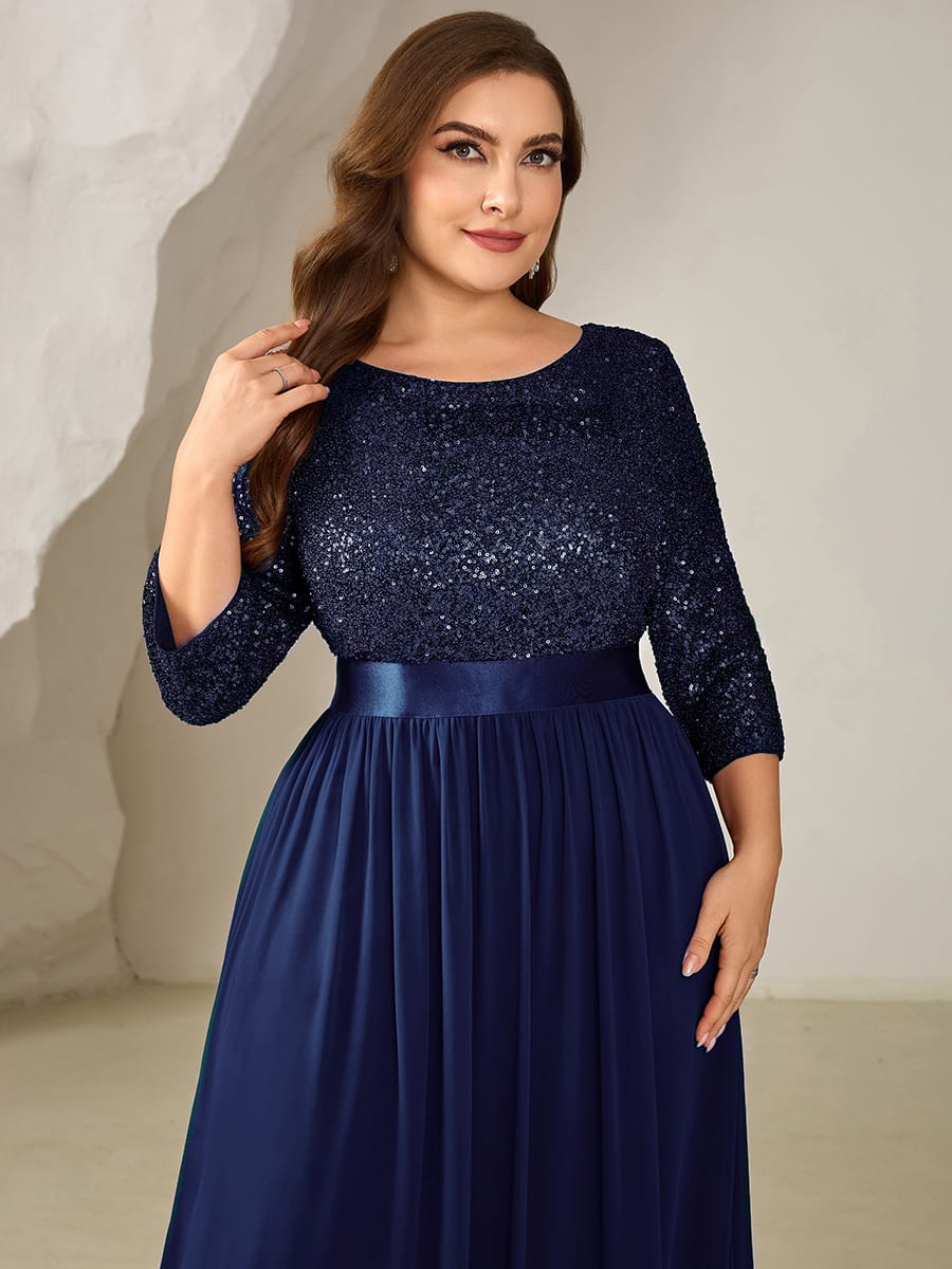 See-through Sequin A-Line Evening Dress #color_Navy Blue