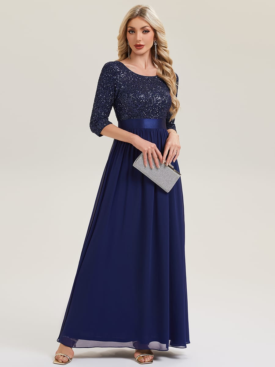 See-through Sequin A-Line Evening Dress #color_Navy Blue