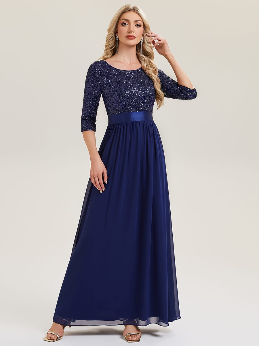 See-through Sequin A-Line Evening Dress #color_Navy Blue