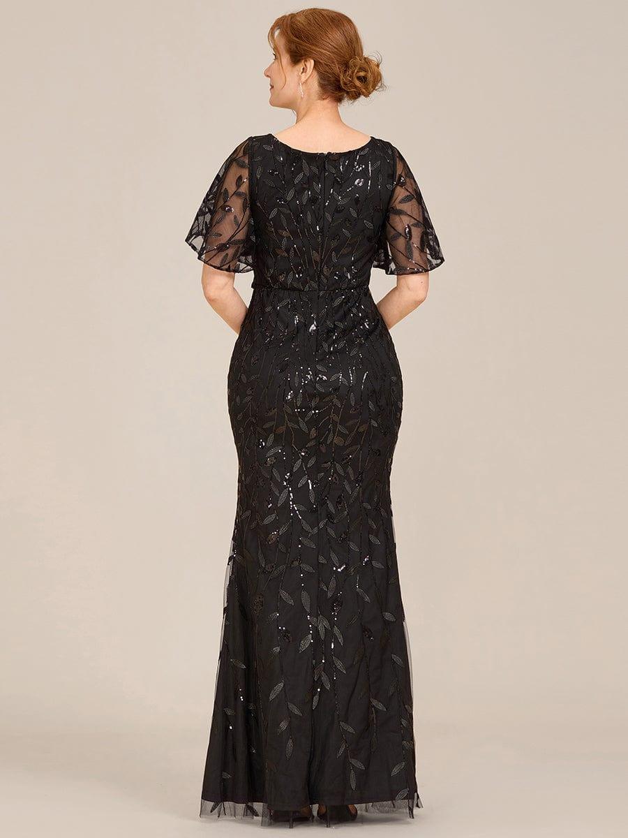 Gorgeous V Neck Leaf-Sequined Fishtail Party Dress #color_Black