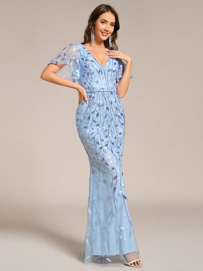 Gorgeous V Neck Leaf-Sequined Fishtail Party Dress #color_Sky Blue