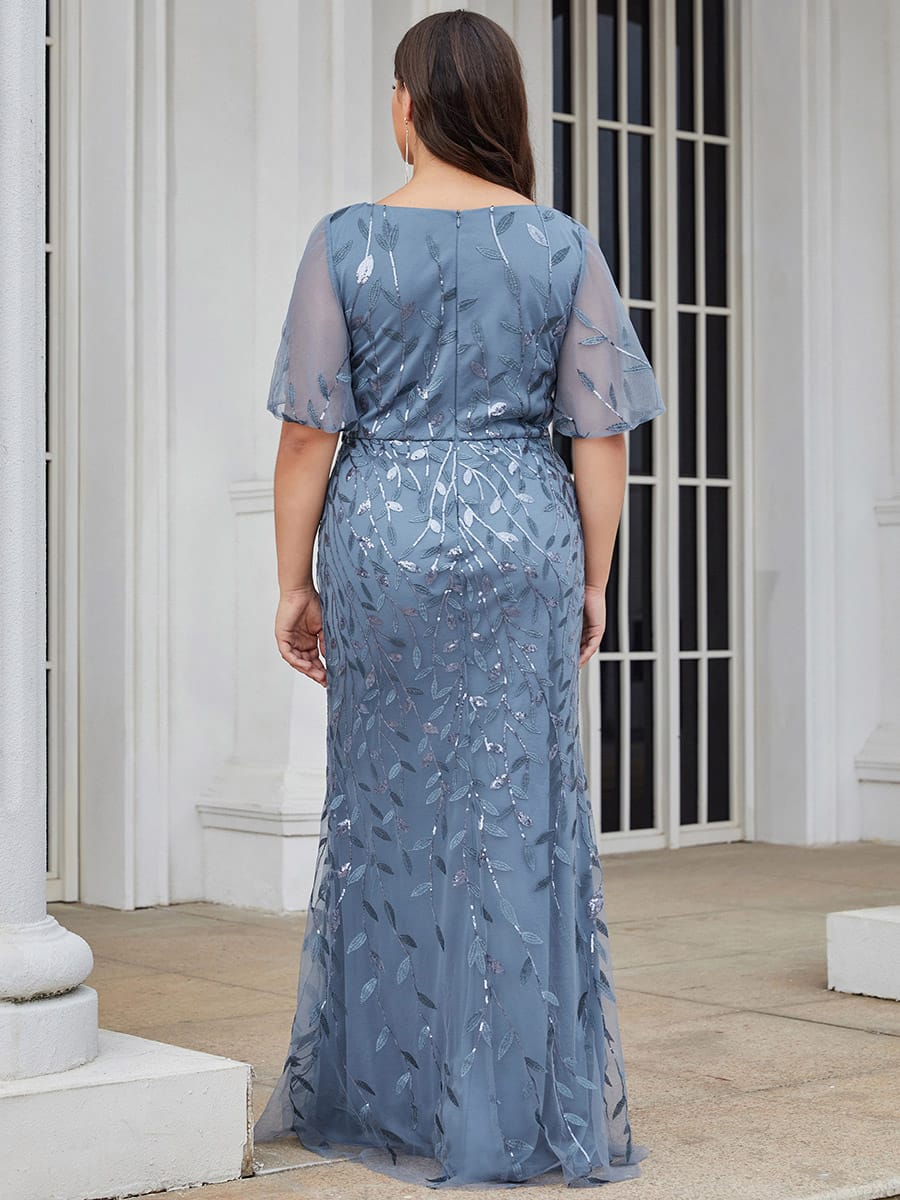 Gorgeous V Neck Leaf-Sequined Fishtail Party Dress #color_Dusty Blue
