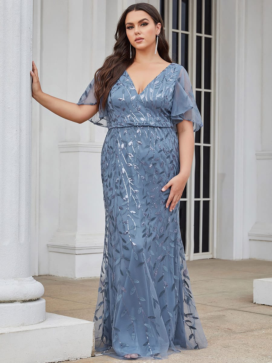 Gorgeous V Neck Leaf-Sequined Fishtail Party Dress #color_Dusty Blue