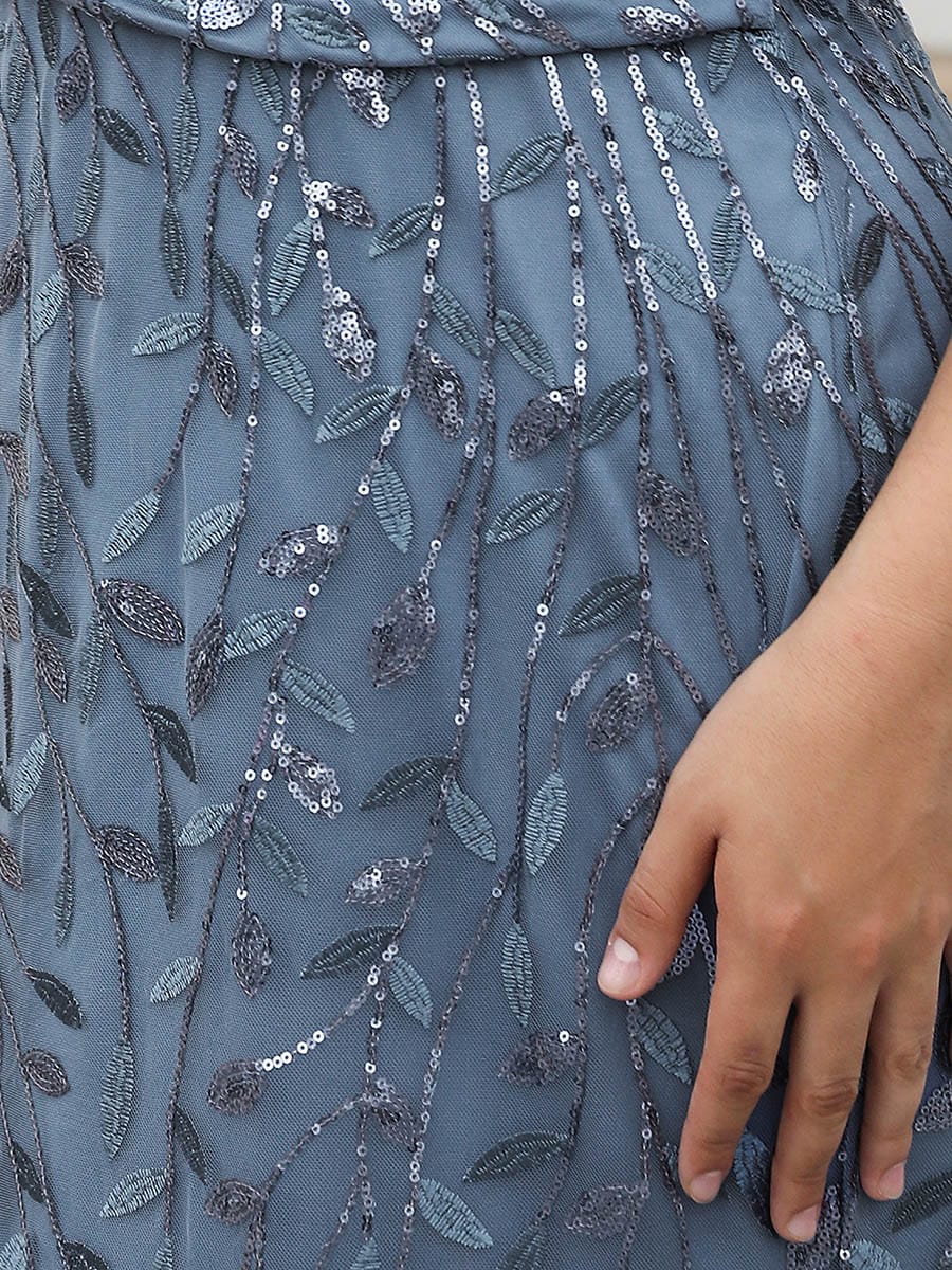 Gorgeous V Neck Leaf-Sequined Fishtail Party Dress #color_Dusty Blue
