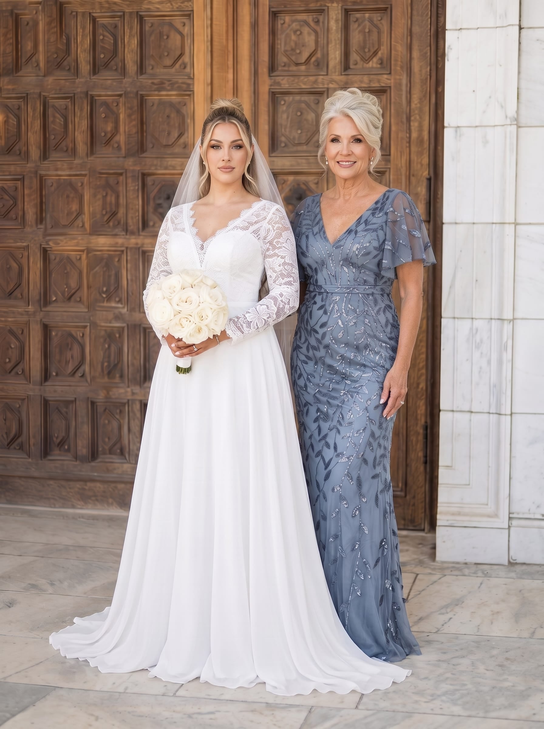 Gorgeous V Neck Leaf-Sequined Fishtail Party Dress #color_Dusty Blue