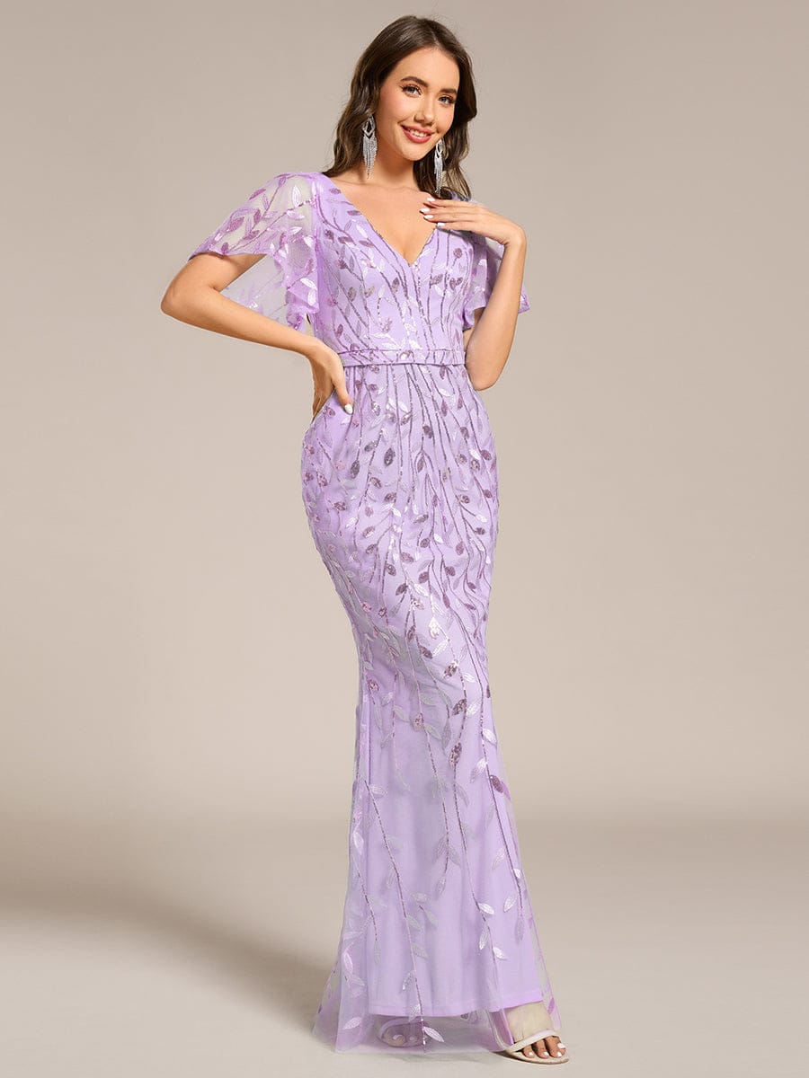 Gorgeous V Neck Leaf-Sequined Fishtail Party Dress #color_Lavender