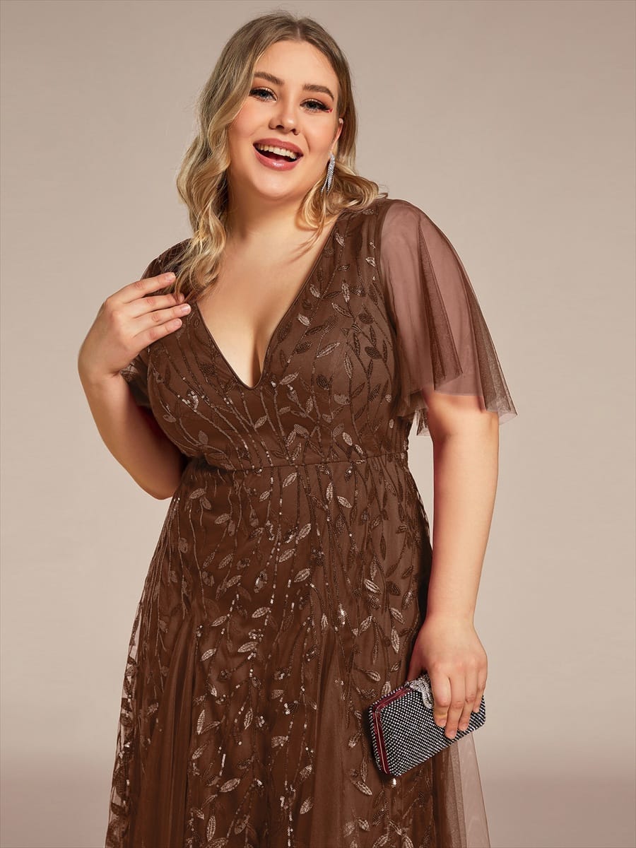Plus Size romantic shimmery v neck ruffle sleeves evening gown #color_Brown