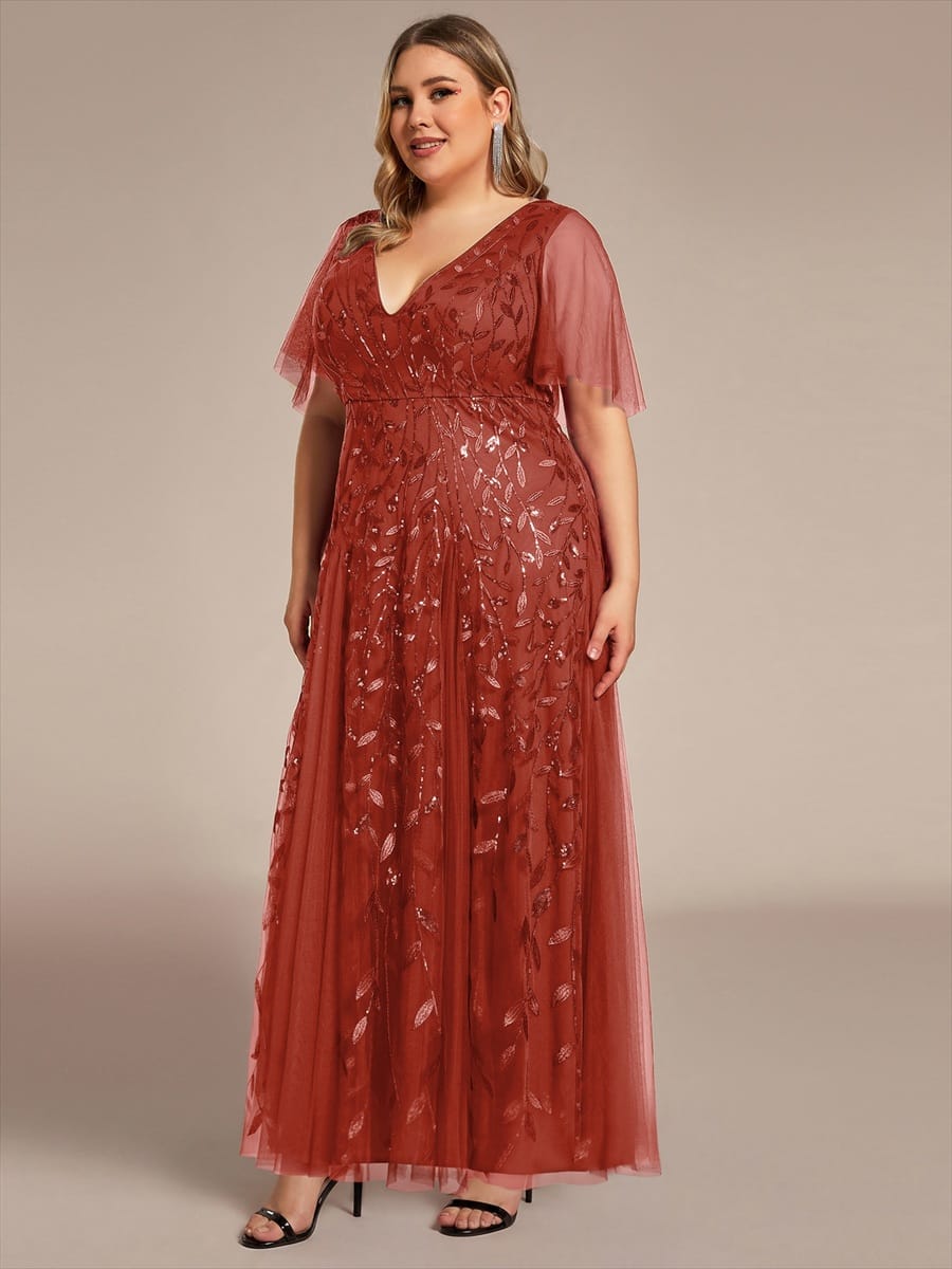 Romantic Shimmery V Neck Ruffle Sleeves Maxi Long Evening Gowns #color_Burnt Orange