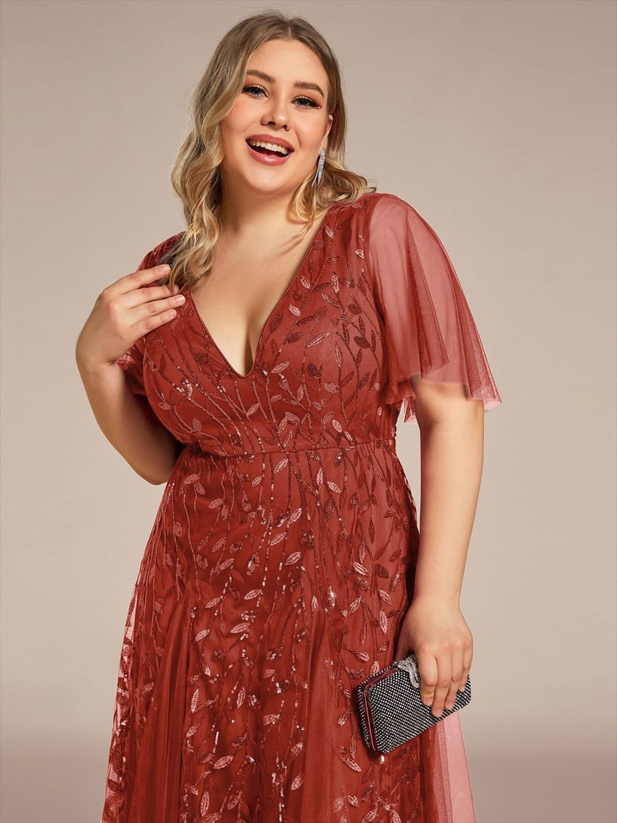 Romantic Shimmery V Neck Ruffle Sleeves Maxi Long Evening Gowns #color_Burnt Orange