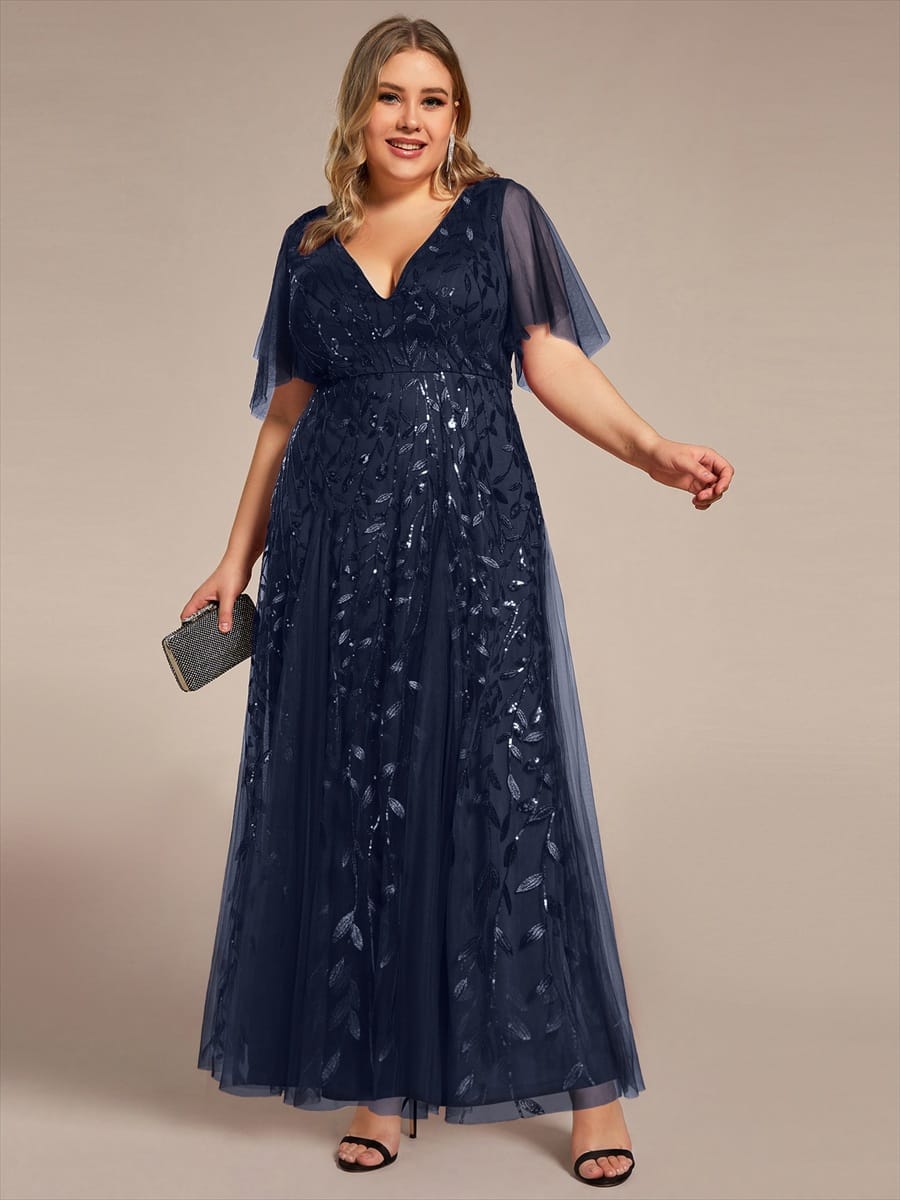 Romantic Shimmery V Neck Ruffle Sleeves Maxi Long Evening Gowns #color_Navy Blue