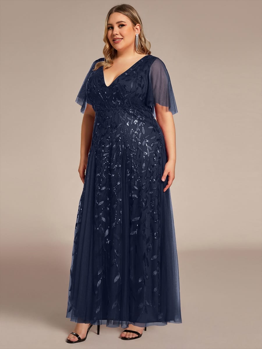 Romantic Shimmery V Neck Ruffle Sleeves Maxi Long Evening Gowns #color_Navy Blue