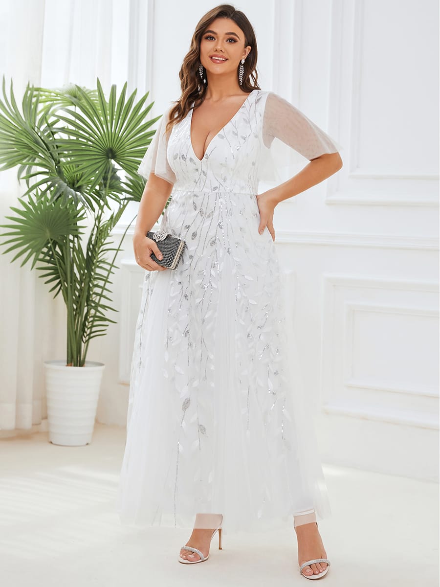 Stunning V Neck Long Wedding Guest Dress with Ruffle Sleeves #color_White