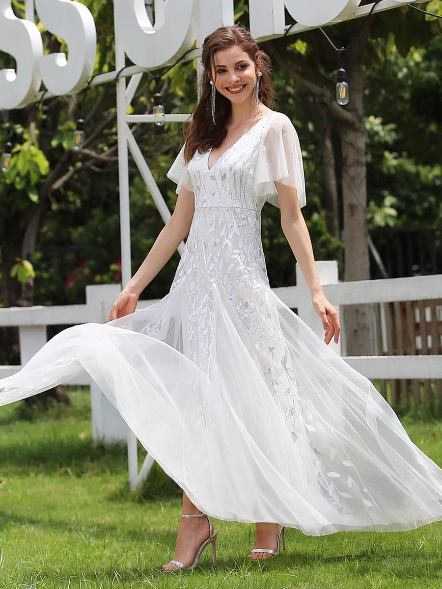 Stunning V Neck Long Wedding Guest Dress with Ruffle Sleeves #color_White