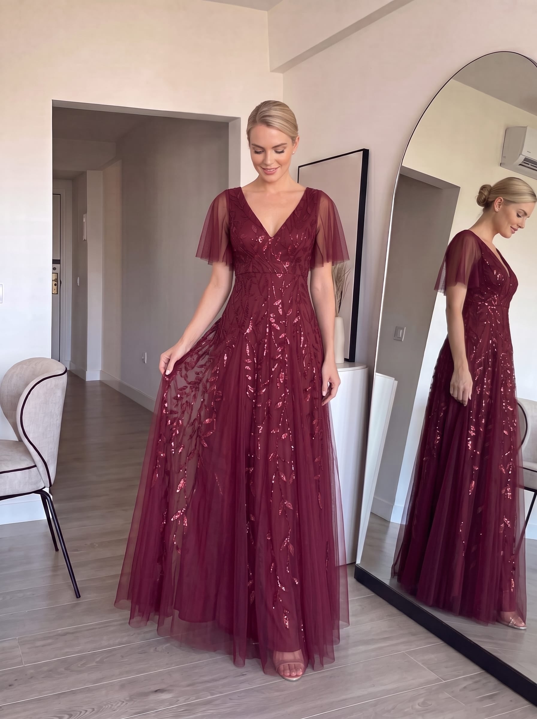 Romantic Shimmery V Neck Ruffle Sleeves Maxi Long Evening Gowns #color_Burgundy