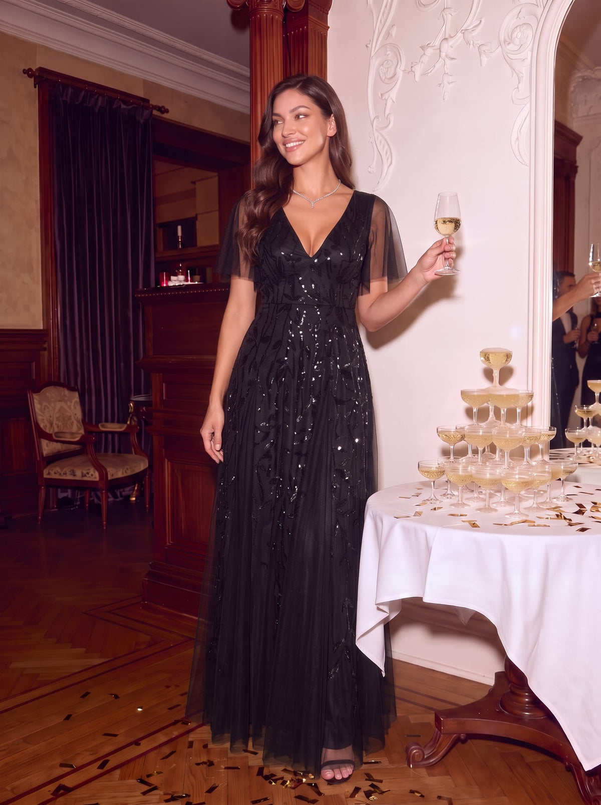 Romantic Shimmery V Neck Ruffle Sleeves Maxi Long Evening Gowns #color_Black