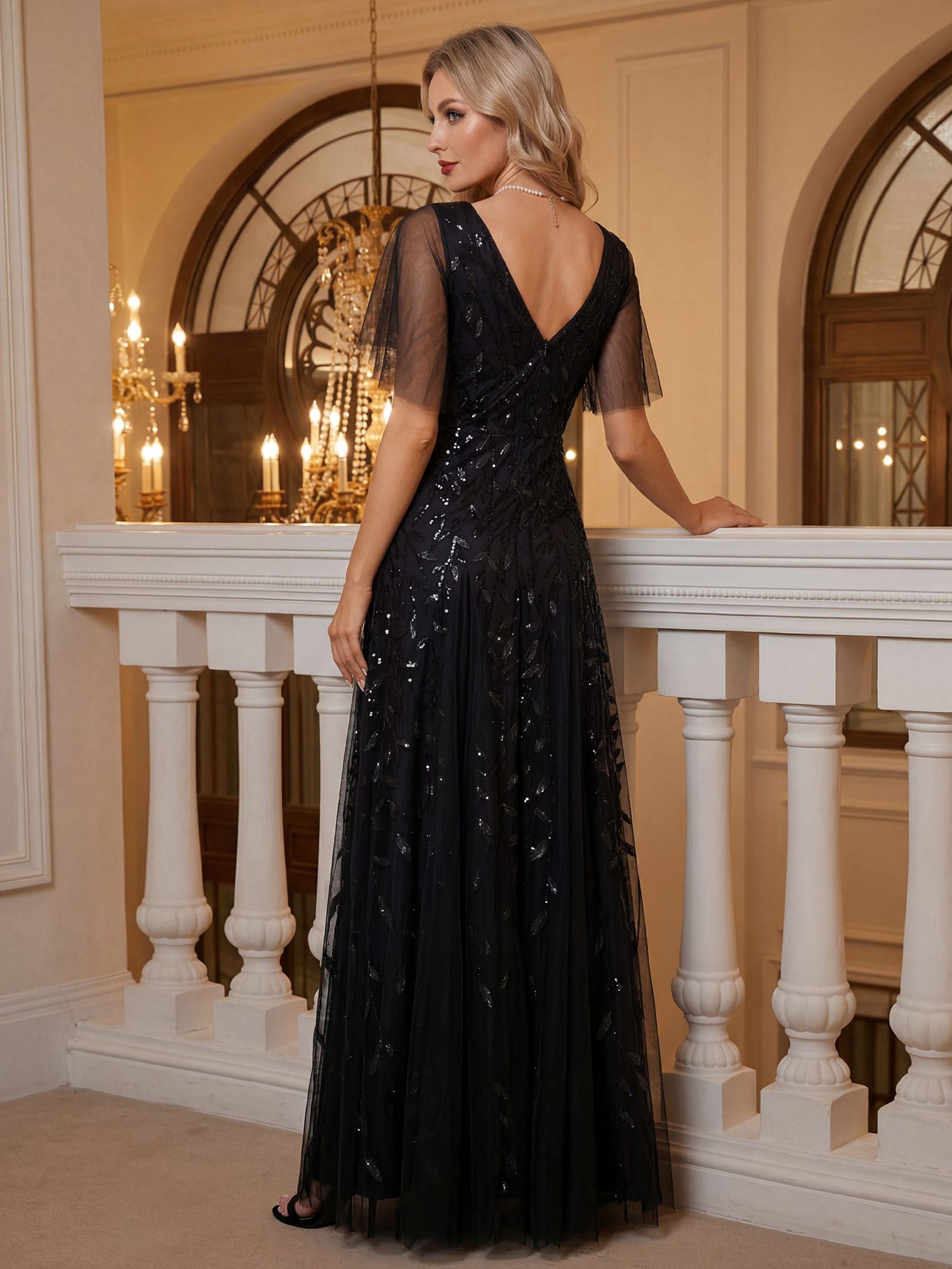 Romantic Shimmery V Neck Ruffle Sleeves Maxi Long Evening Gowns #color_Black