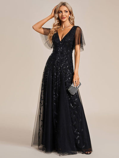 Romantic Shimmery V Neck Ruffle Sleeves Maxi Long Evening Gowns #color_Black