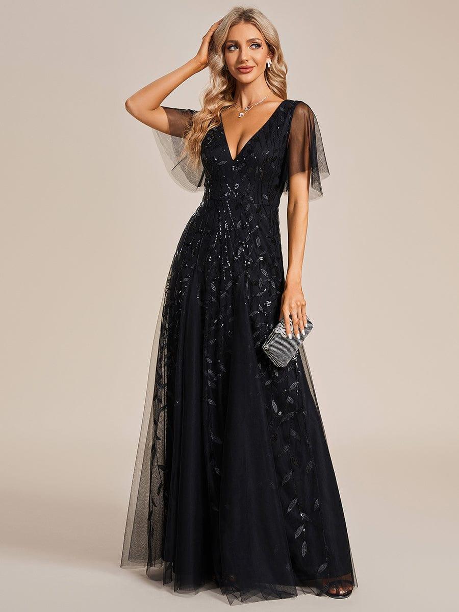 Romantic Shimmery V Neck Ruffle Sleeves Maxi Long Evening Gowns #color_Black