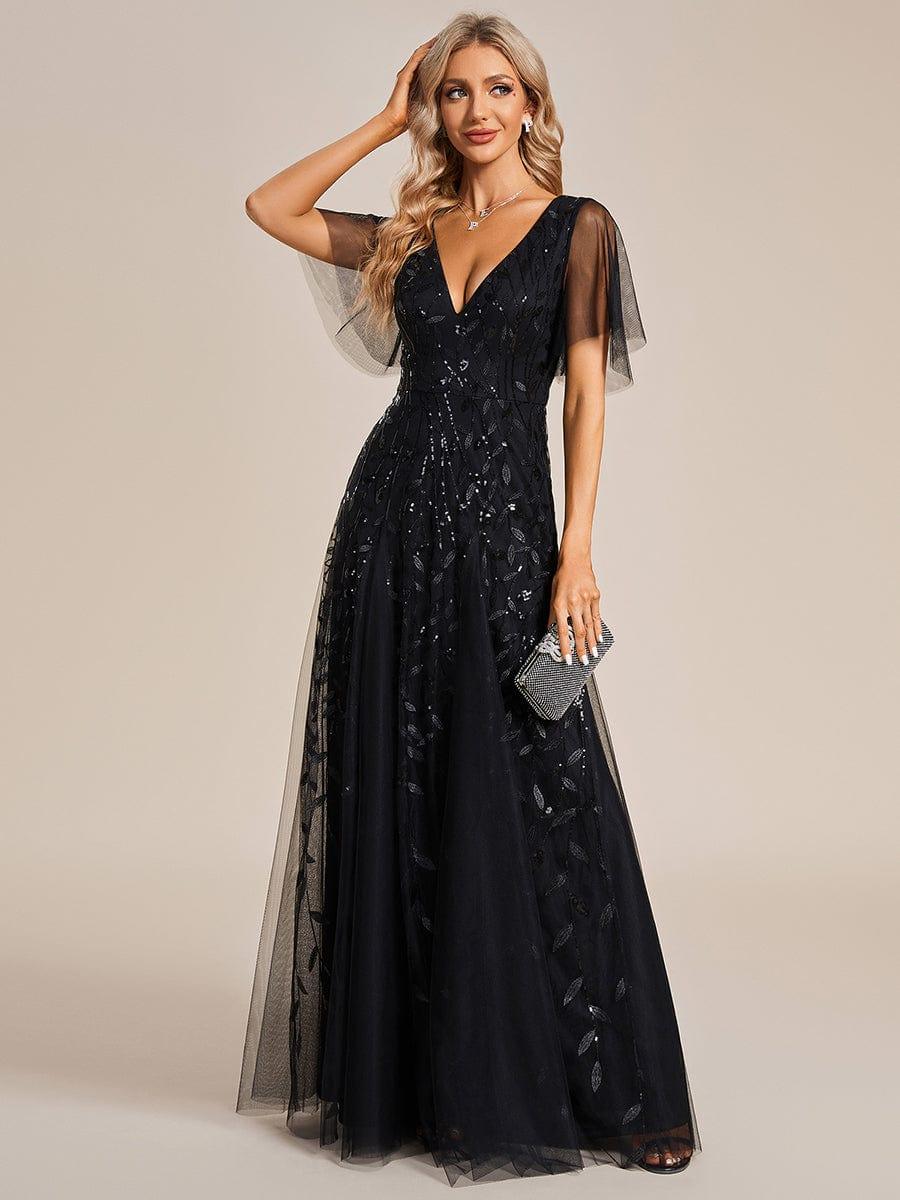 Romantic Shimmery V Neck Ruffle Sleeves Maxi Long Evening Gowns #color_Black