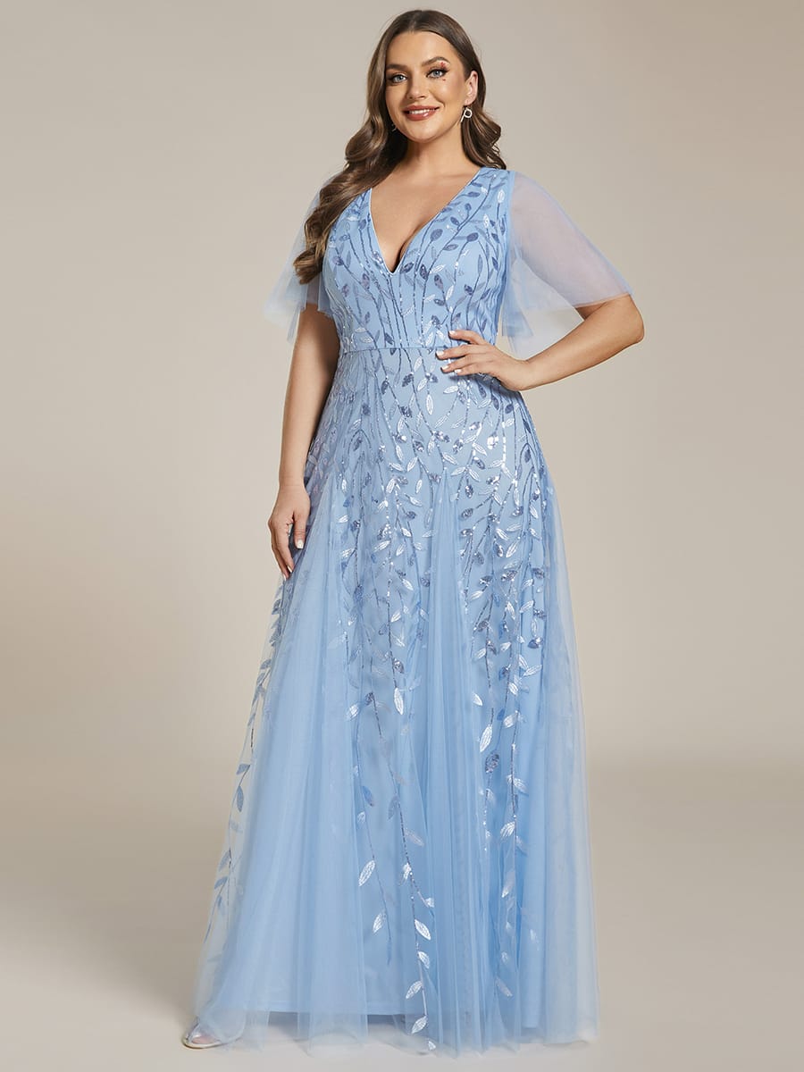 Romantic Shimmery V Neck Ruffle Sleeves Maxi Long Evening Gowns #color_Sky Blue