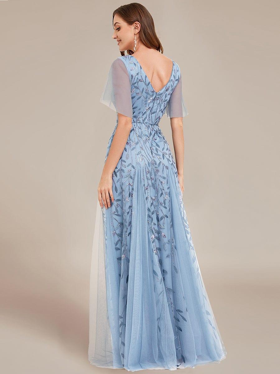 Romantic Shimmery V Neck Ruffle Sleeves Maxi Long Evening Gowns #color_Sky Blue