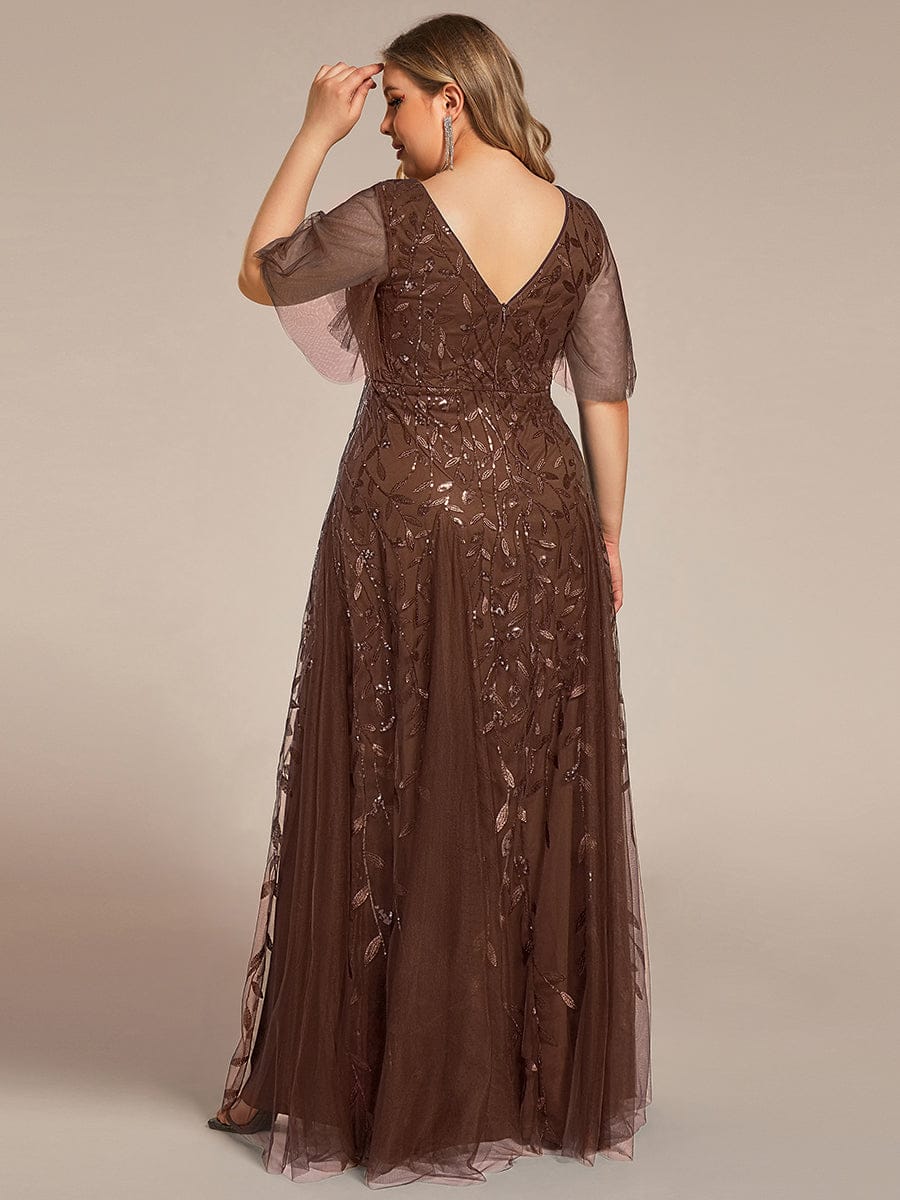 Romantic Shimmery V Neck Ruffle Sleeves Maxi Long Evening Gowns #color_Brown
