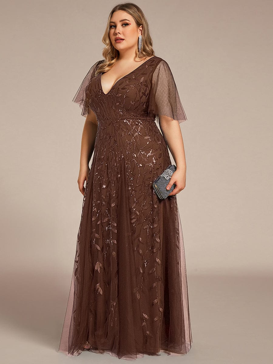 Plus Size romantic shimmery v neck ruffle sleeves evening gown #color_Brown