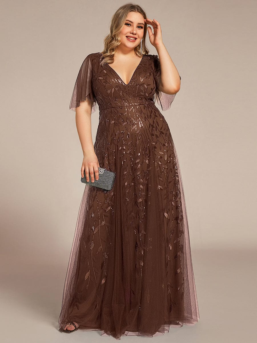 Romantic Shimmery V Neck Ruffle Sleeves Maxi Long Evening Gowns #color_Brown