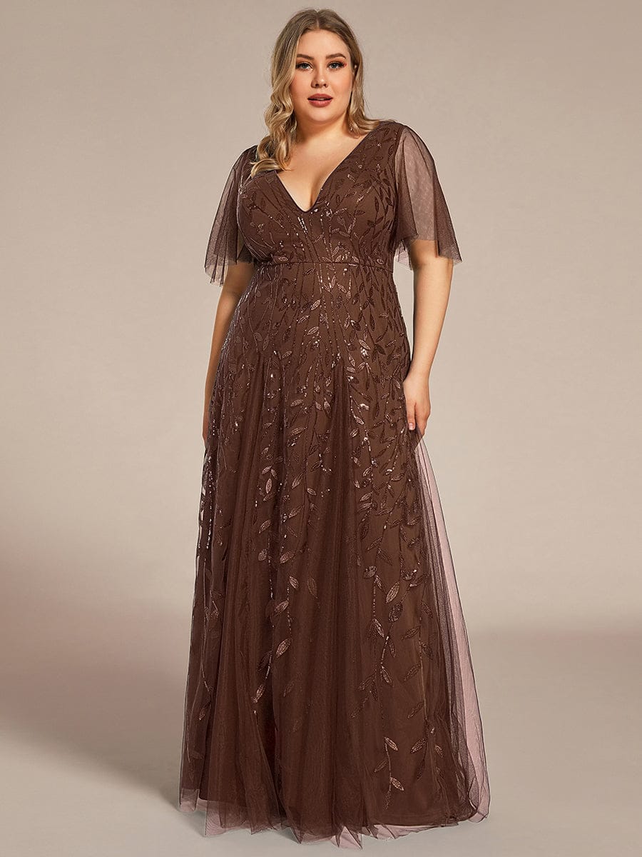 Plus Size romantic shimmery v neck ruffle sleeves evening gown #color_Brown