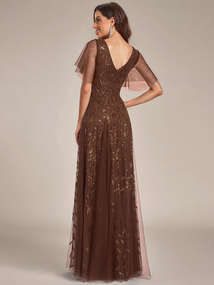 Romantic Shimmery V Neck Ruffle Sleeves Maxi Long Evening Gowns #color_Brown