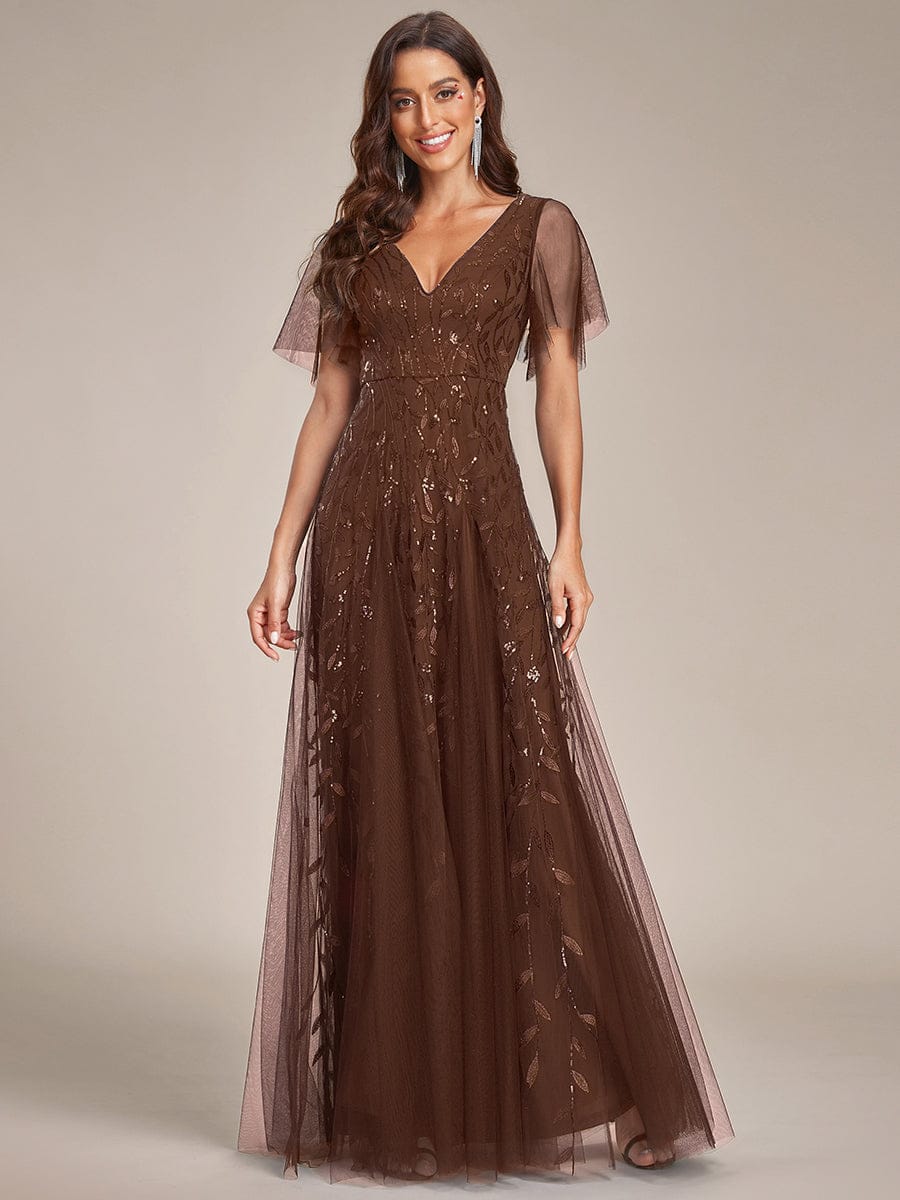 Romantic Shimmery V Neck Ruffle Sleeves Maxi Long Evening Gowns #color_Brown