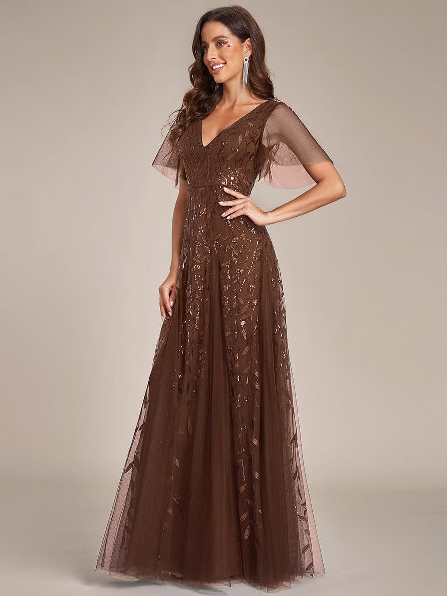 Romantic Shimmery V Neck Ruffle Sleeves Maxi Long Evening Gowns #color_Brown