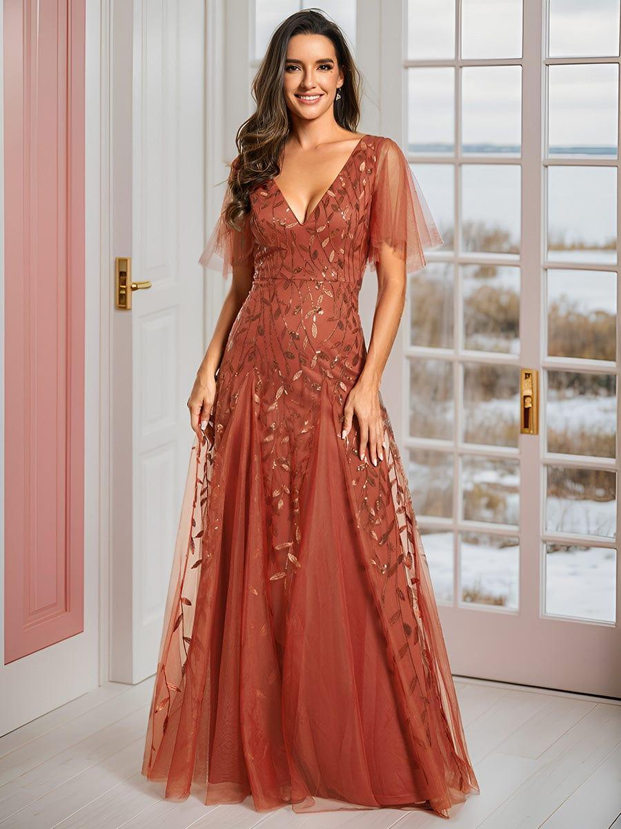 Romantic Shimmery V Neck Ruffle Sleeves Maxi Long Evening Gowns #color_Burnt Orange